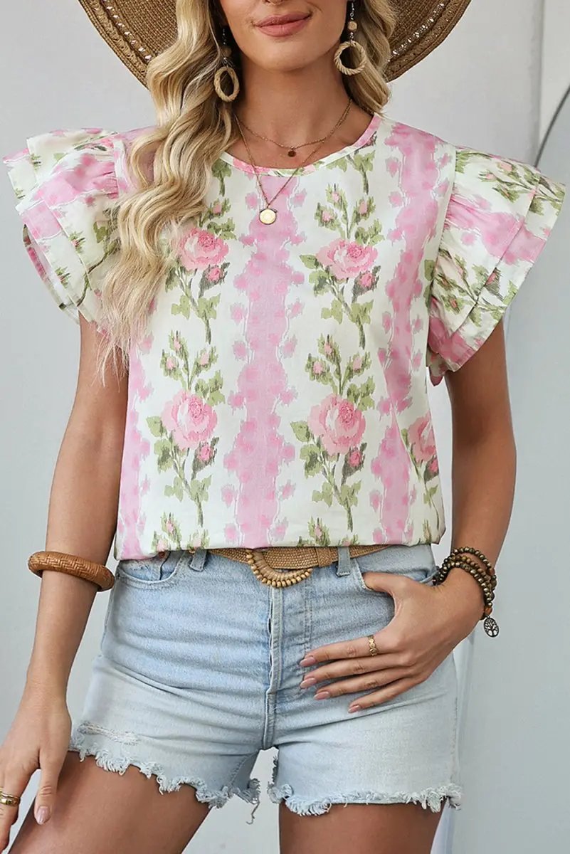 Pink Floral Print Ruffled Sleeve Summer Top for Women - Love Salve